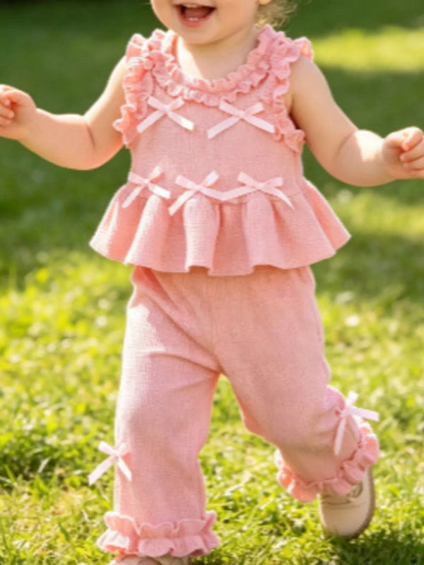 Bow Waffle Knit Top and Pants Set — minimerri kids' outfit set
