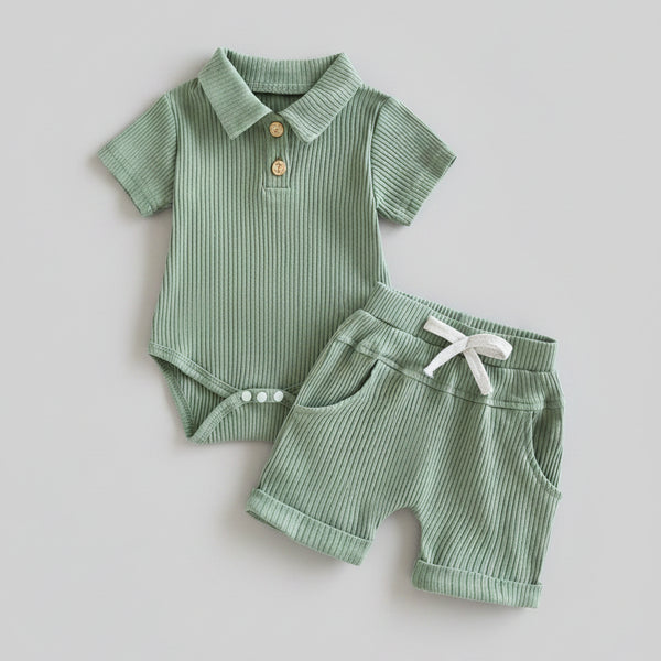 Ribbed Knit Polo Bodysuit and Shorts Set — minimerri baby outfit set