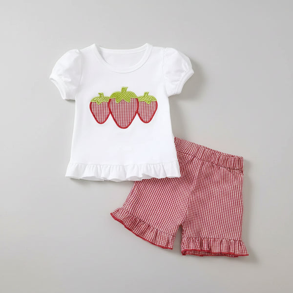 Strawberry Gingham Ruffle Trim Top and Shorts Set — minimerri kids' outfit set