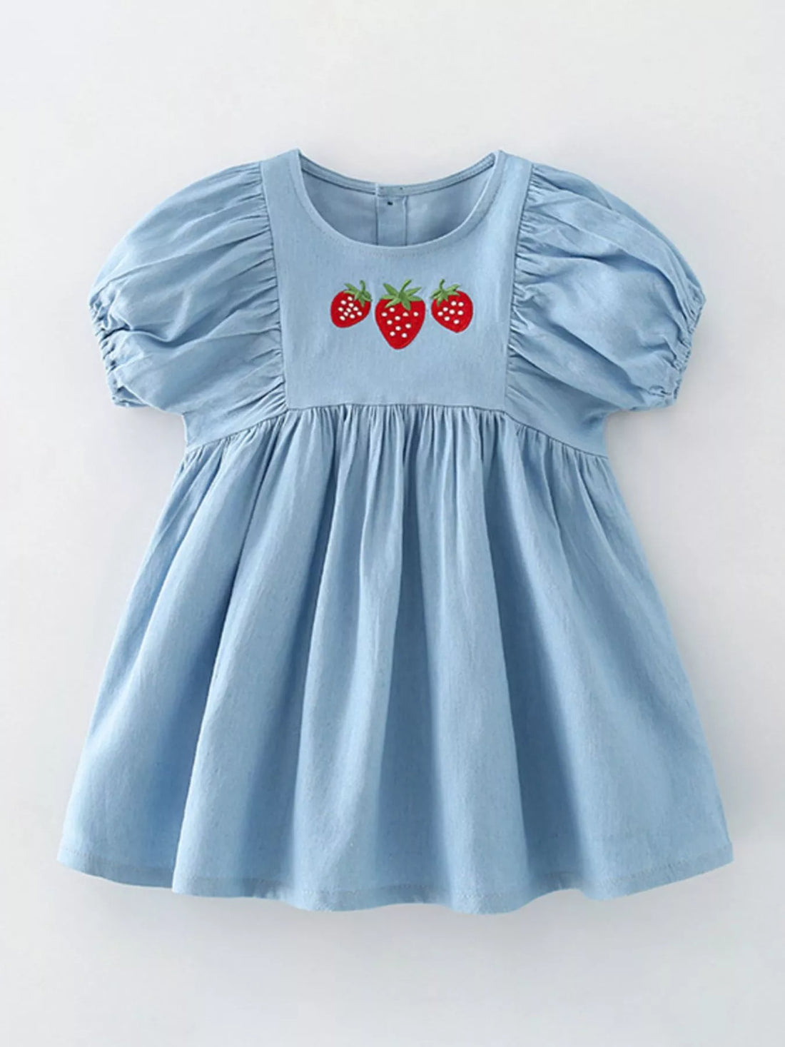 Strawberry Embroidered Puff Sleeve Denim Dress — minimerri kids' dress
