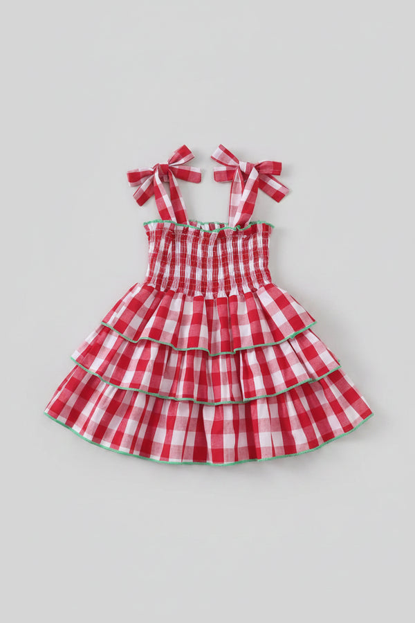Gingham Tiered Dress with Bow Tie Straps — minimerri kids' dress