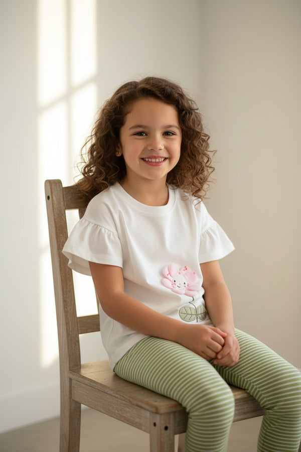 3D Flower Applique Ruffle Sleeve Top and Striped Pants Set — minimerri kids' outfit set