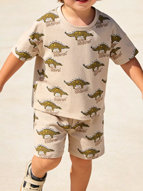 Dinosaur Print Round Neck Tee and Shorts Set — minimerri kids' outfit set