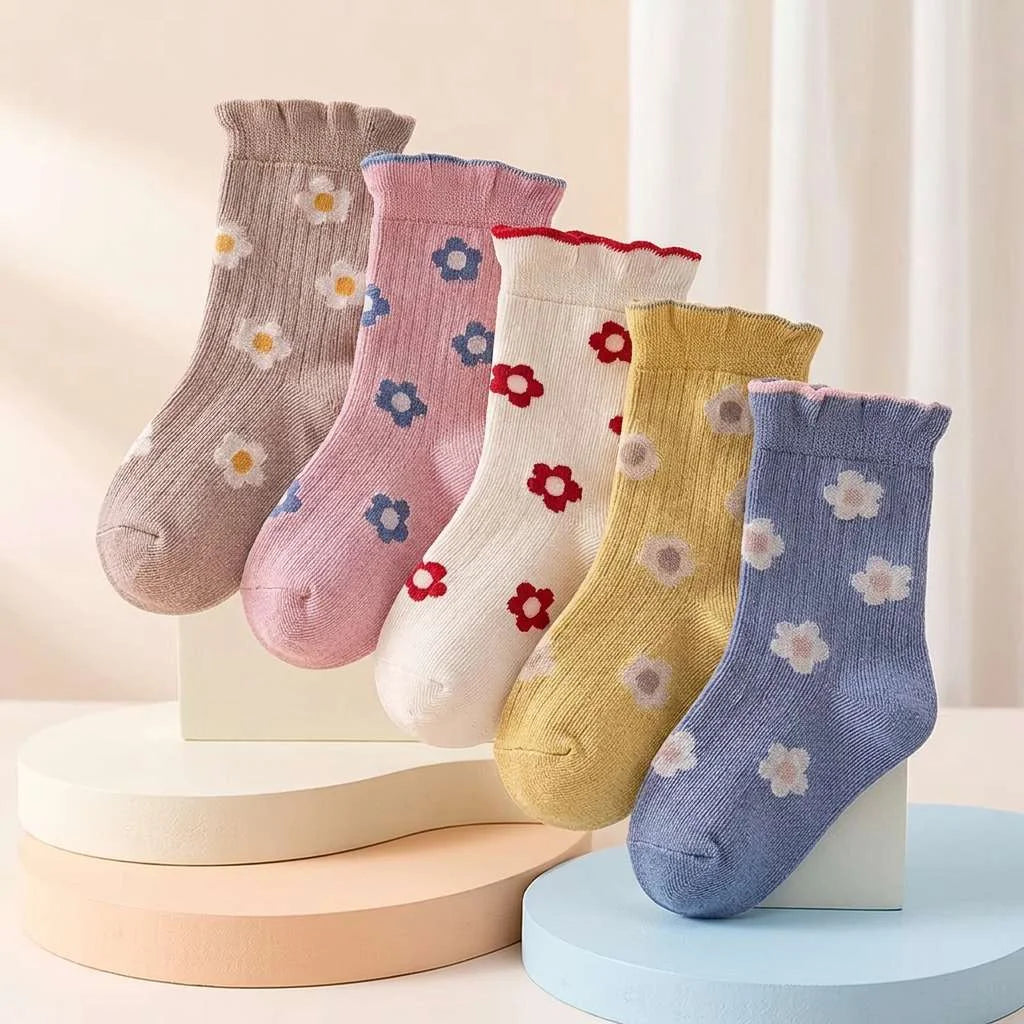 Flower Cotton Socks (5-Pack) — minimerri kids' socks