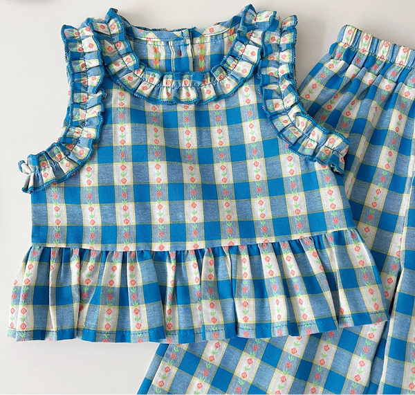 Blue Plaid Top and Pants Set back view