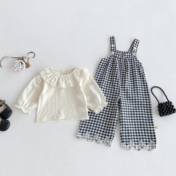 Lapel Top & Plaid Overalls Set