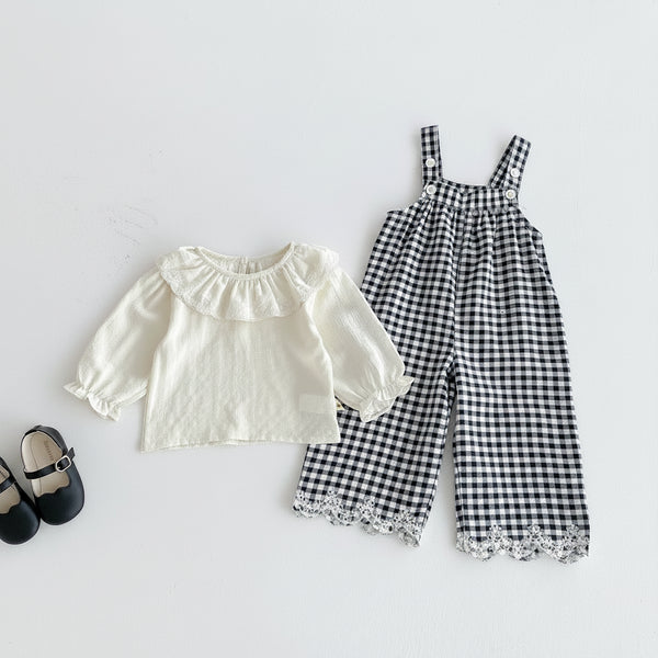Lapel Top & Plaid Overalls Set — minimerri kids' outfit set