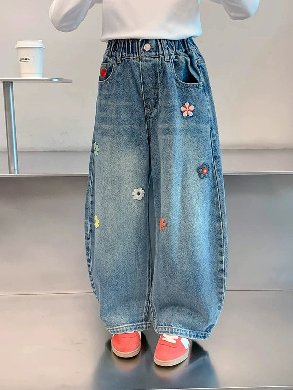 Floral Wide-Leg Denim Jeans — minimerri kids' bottoms