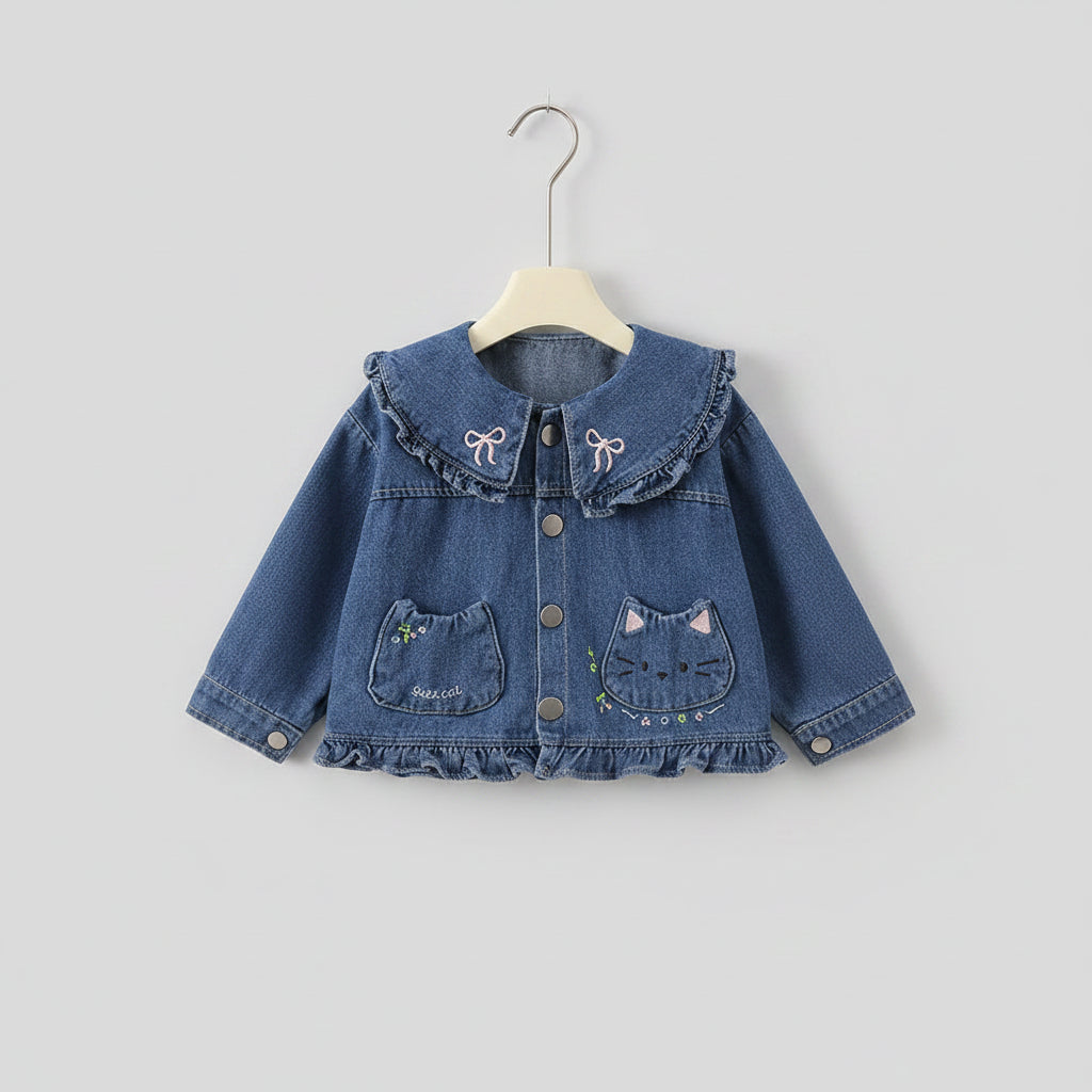 Embroidered Cat Denim Jacket — minimerri kids' jacket