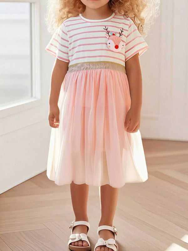 Striped Tulle Dress with Reindeer Applique — minimerri kids' dress