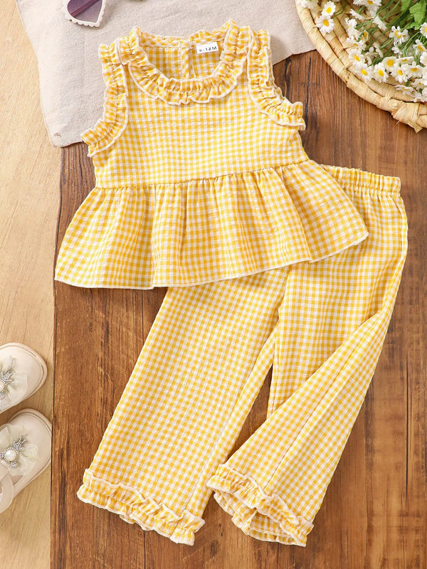Gingham Ruffle Trim Sleeveless Top and Pants Set — minimerri kids' outfit set