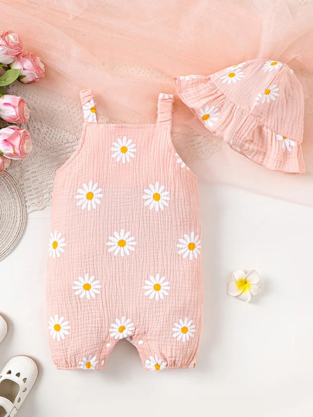 Daisy Textured Wide Strap Romper and Hat Set — minimerri baby romper