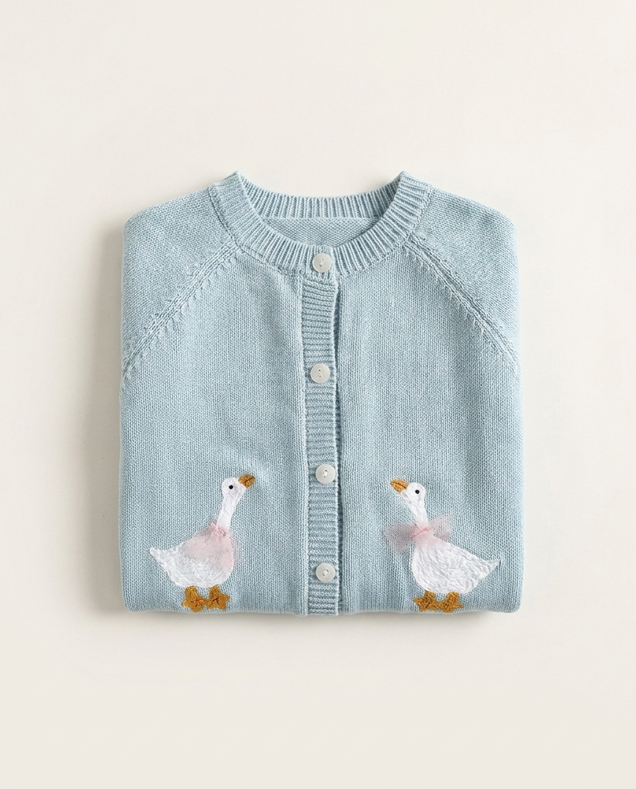 Geese Embroidery Cardigan in dusty blue folded flat lay