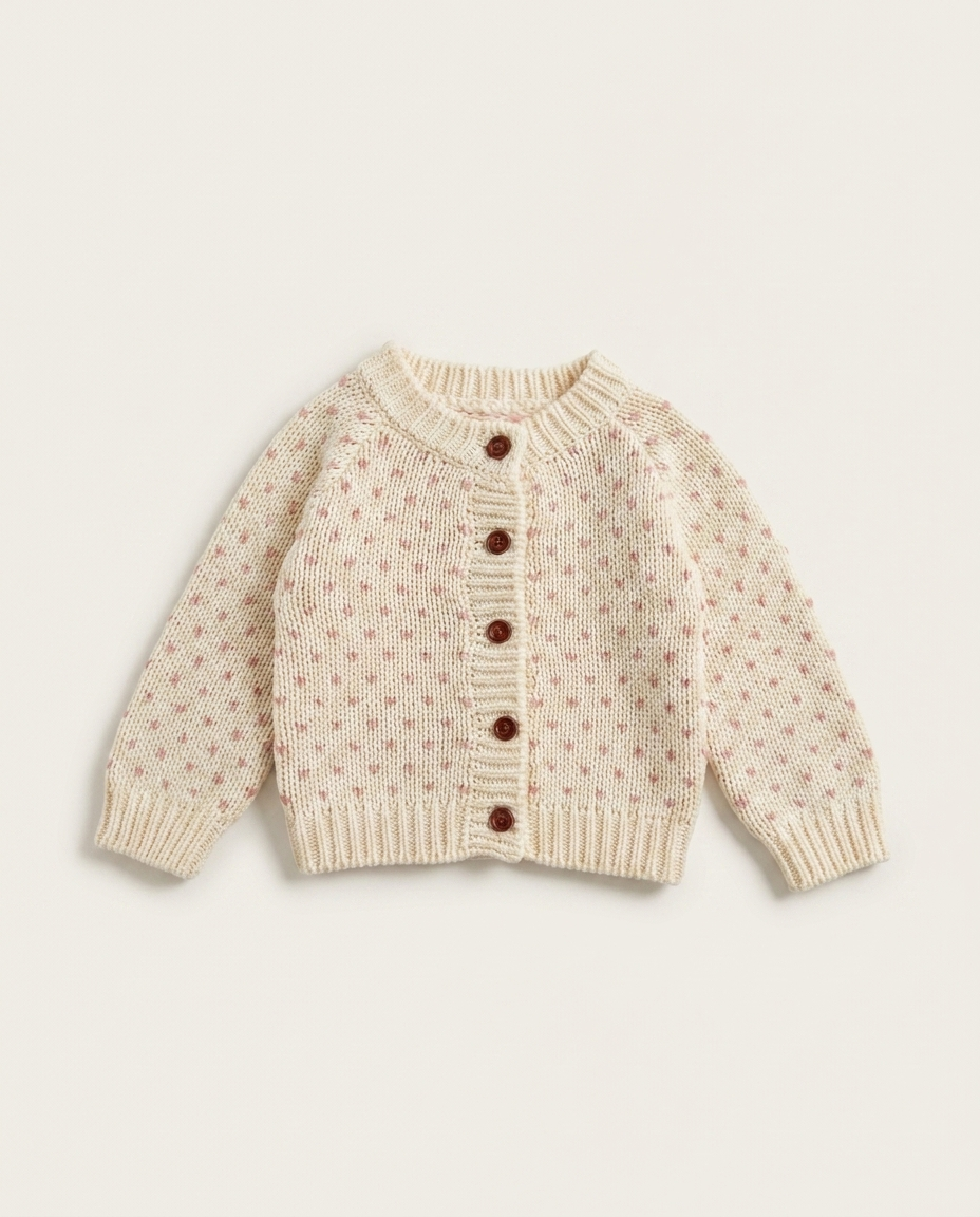 Pink Freckle Cardigan cream knit flat lay — minimerri