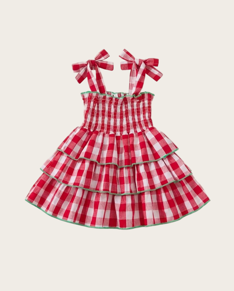 Gingham Tiered Dress with Bow Tie Straps — minimerri kids' dress