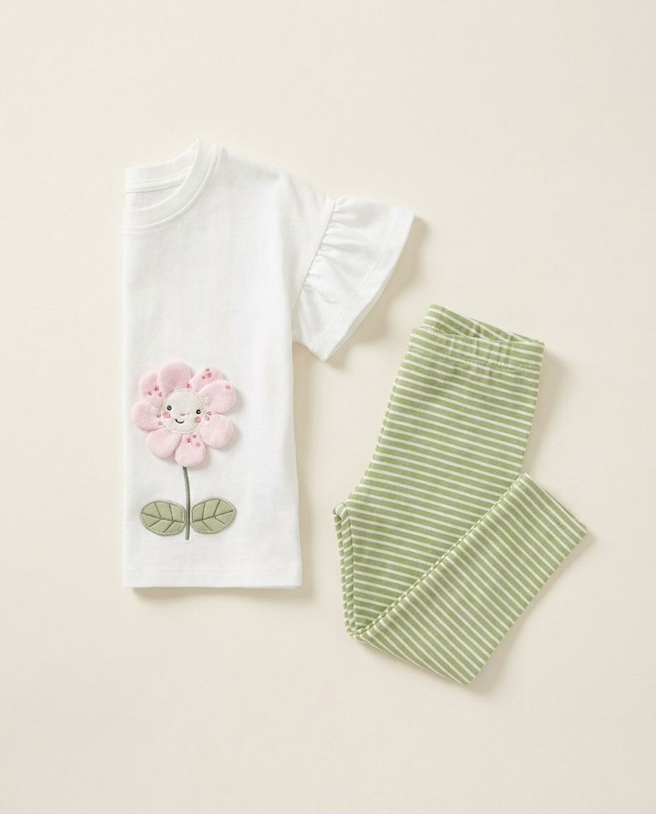 Daisy Stripe matching set for kids folded flat lay