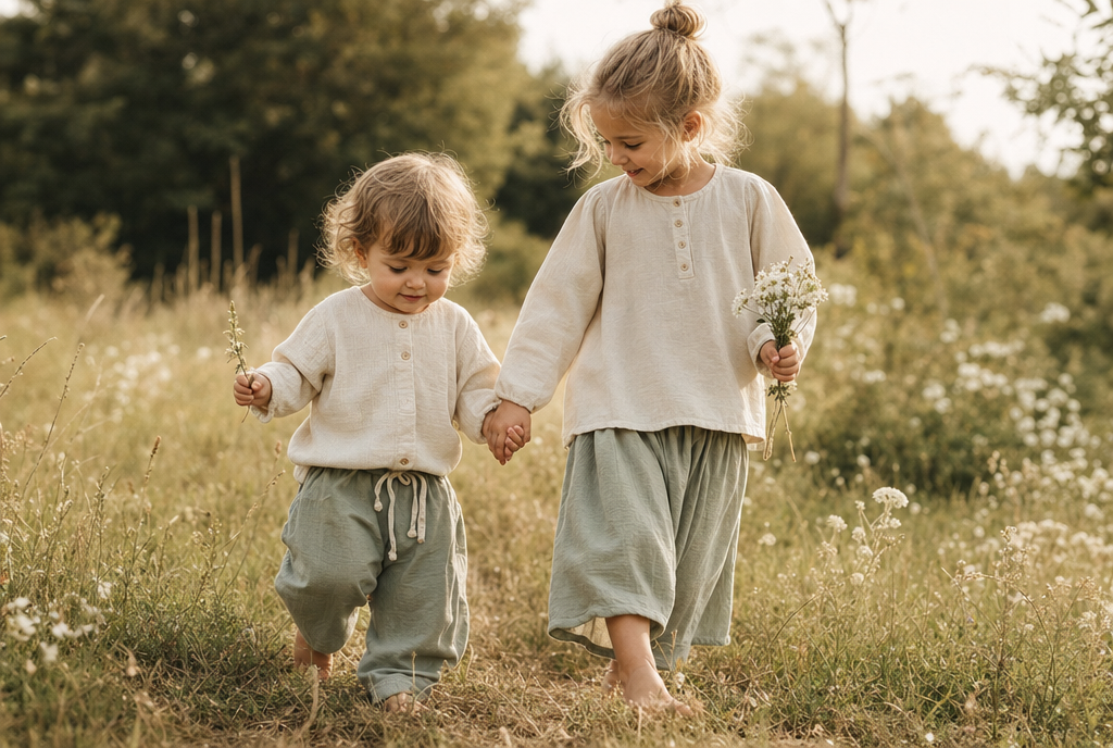 Children in soft linen outfits outdoors — minimerri