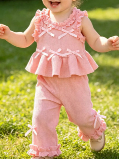 Bow Waffle Knit Top and Pants Set — minimerri kids' outfit set