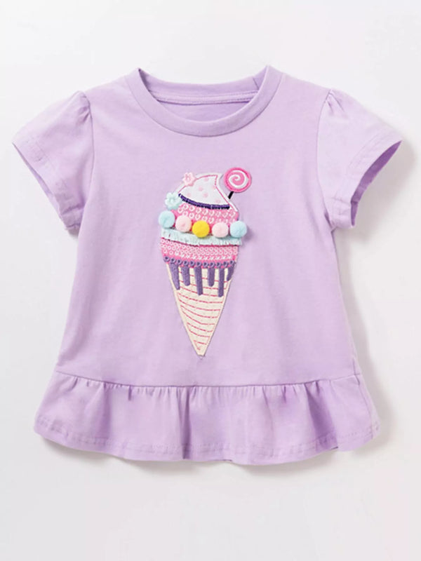 Cute Ice Cream Applique Ruffle Hem T-Shirt — minimerri kids' top