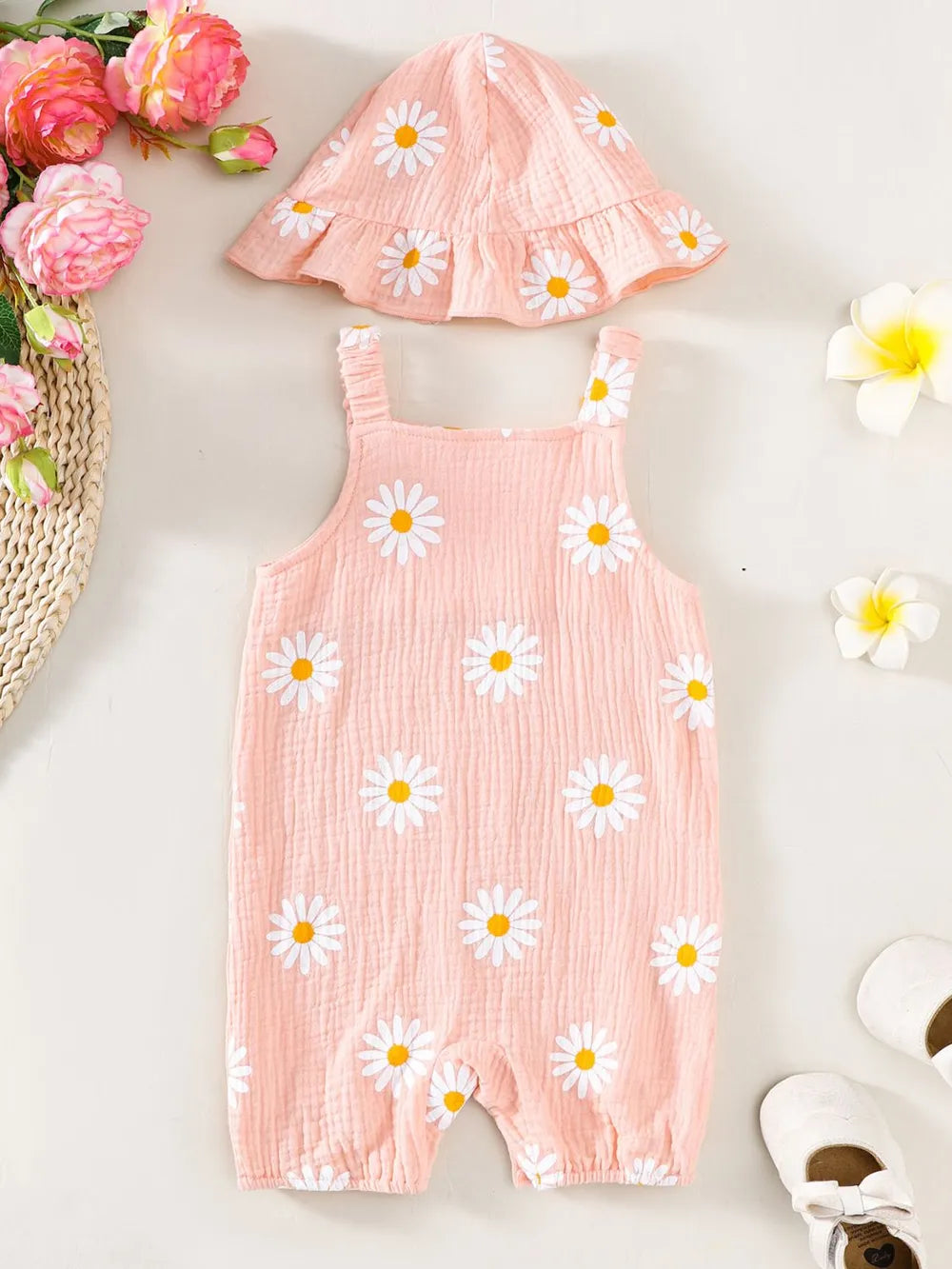 Daisy Textured Wide Strap Romper and Hat Set — minimerri baby romper