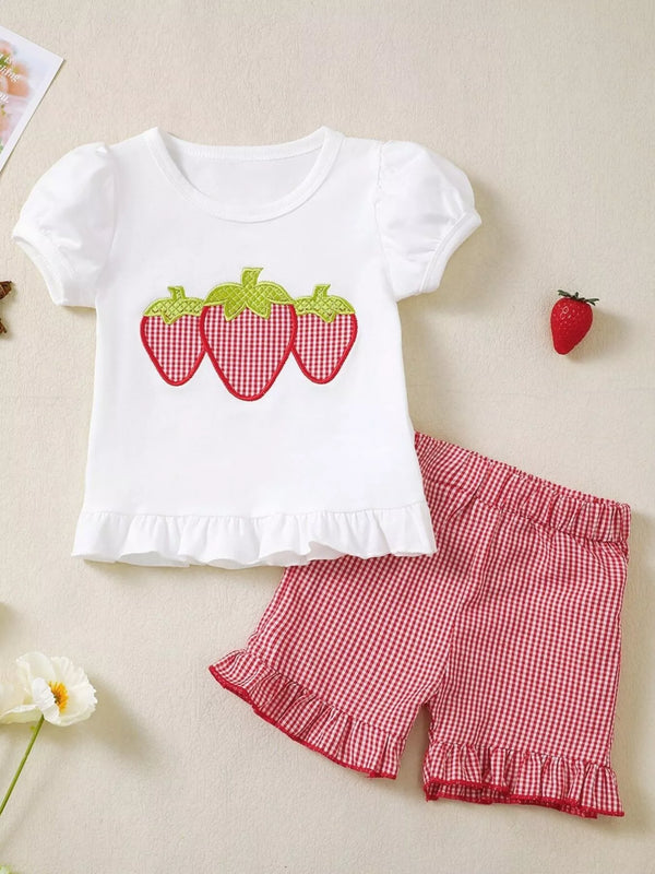 Strawberry Gingham Ruffle Trim Top and Shorts Set — minimerri kids' outfit set