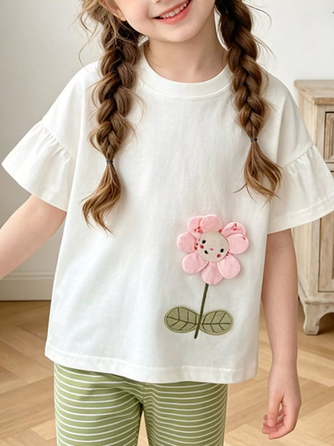 3D Flower Applique Ruffle Sleeve Top and Striped Pants Set — minimerri kids' outfit set