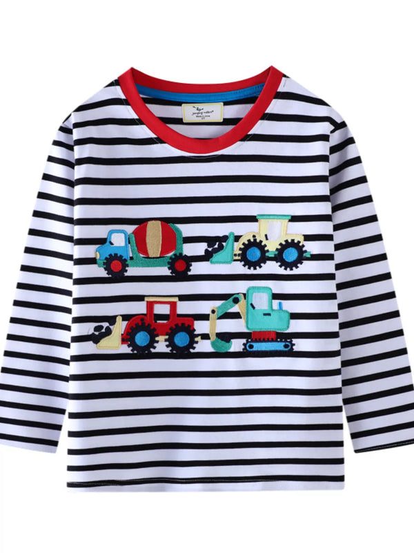 Striped Long Sleeve T-Shirt with Construction Vehicle Appliques — minimerri kids' top