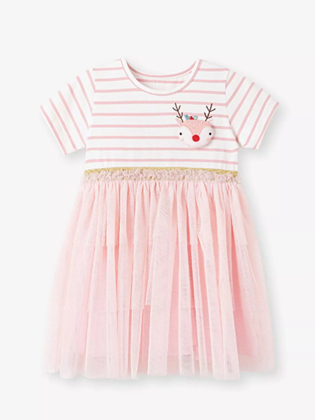 Striped Tulle Dress with Reindeer Applique — minimerri kids' dress