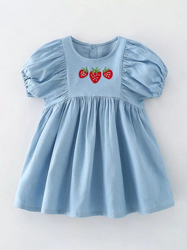 Strawberry Embroidered Puff Sleeve Denim Dress — minimerri kids' dress