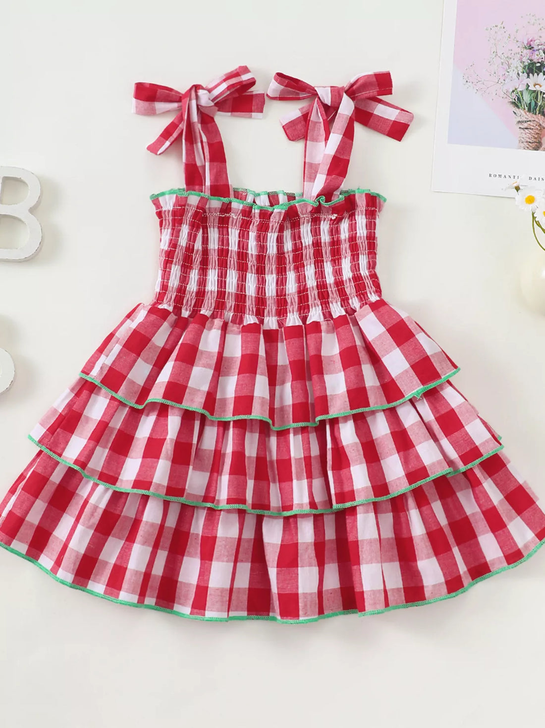 Gingham Tiered Dress with Bow Tie Straps — minimerri kids' dress