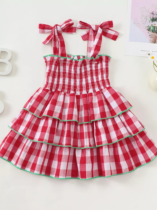 Gingham Tiered Dress with Bow Tie Straps — minimerri kids' dress