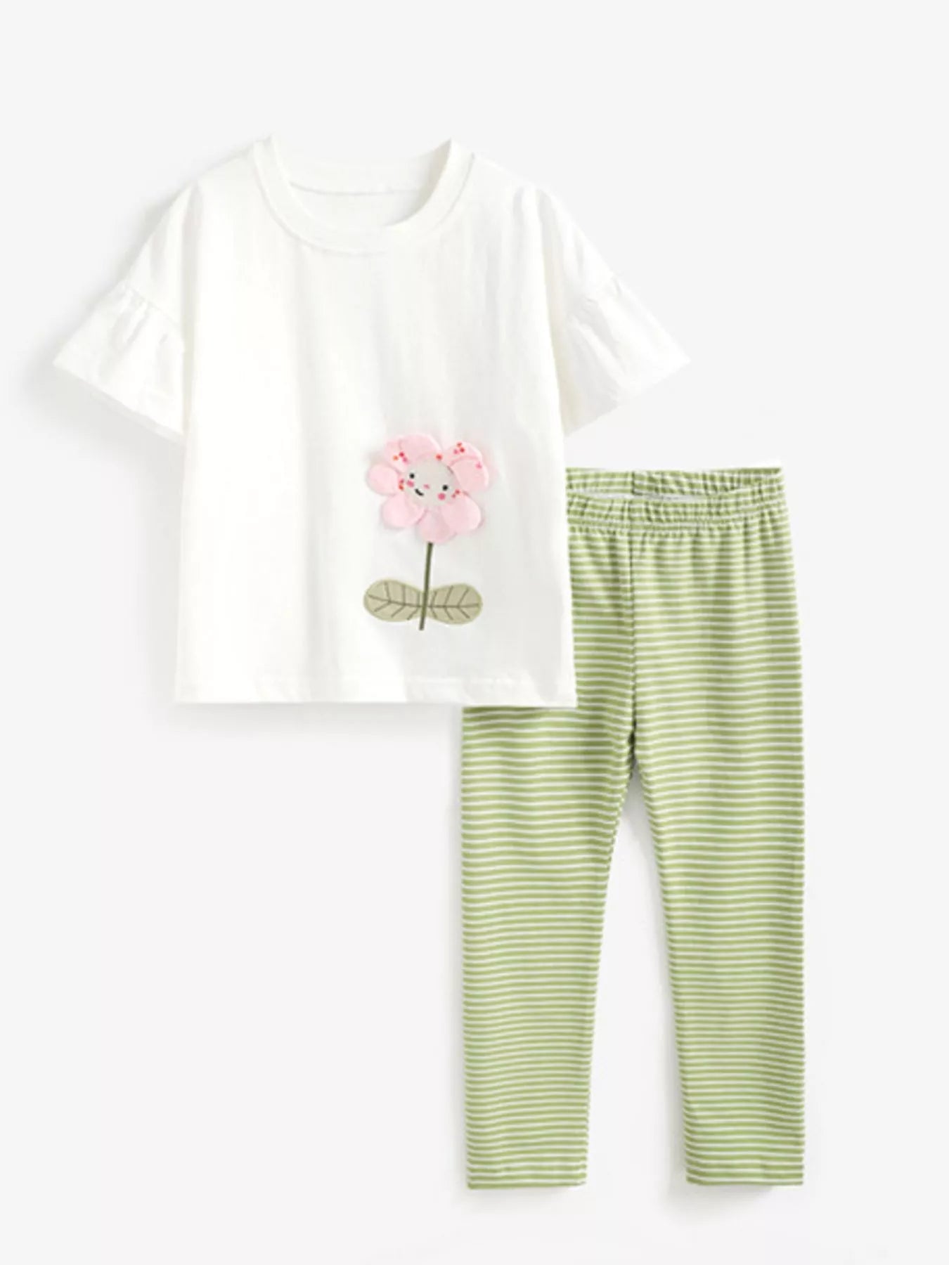 3D Flower Applique Ruffle Sleeve Top and Striped Pants Set — minimerri kids' outfit set