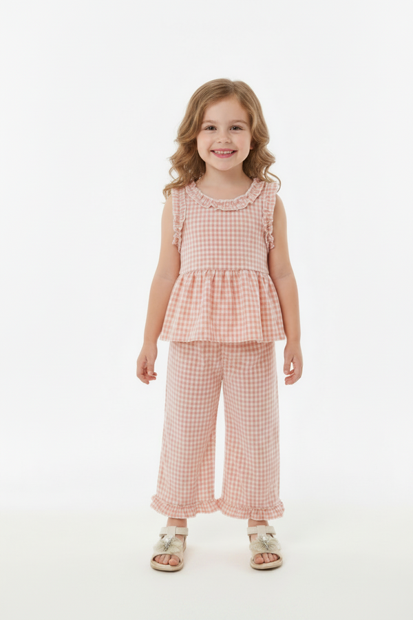 Gingham Ruffle Trim Sleeveless Top & Pants Set