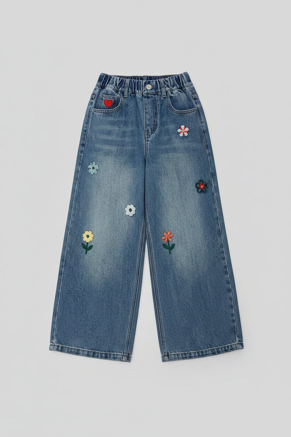 Floral Wide-Leg Denim Jeans — minimerri kids' bottoms