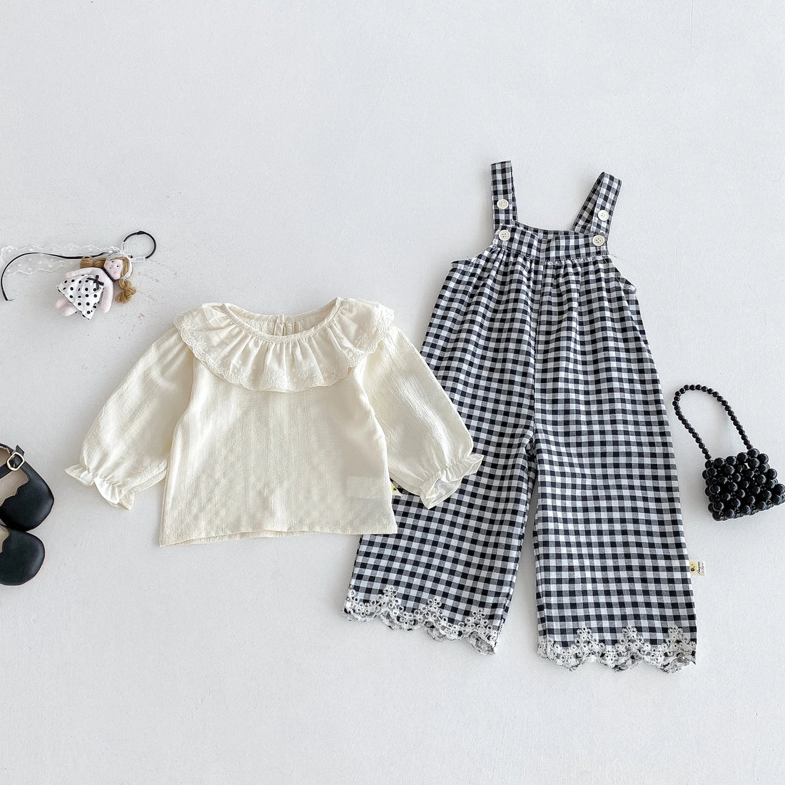 Lapel Top & Plaid Overalls Set