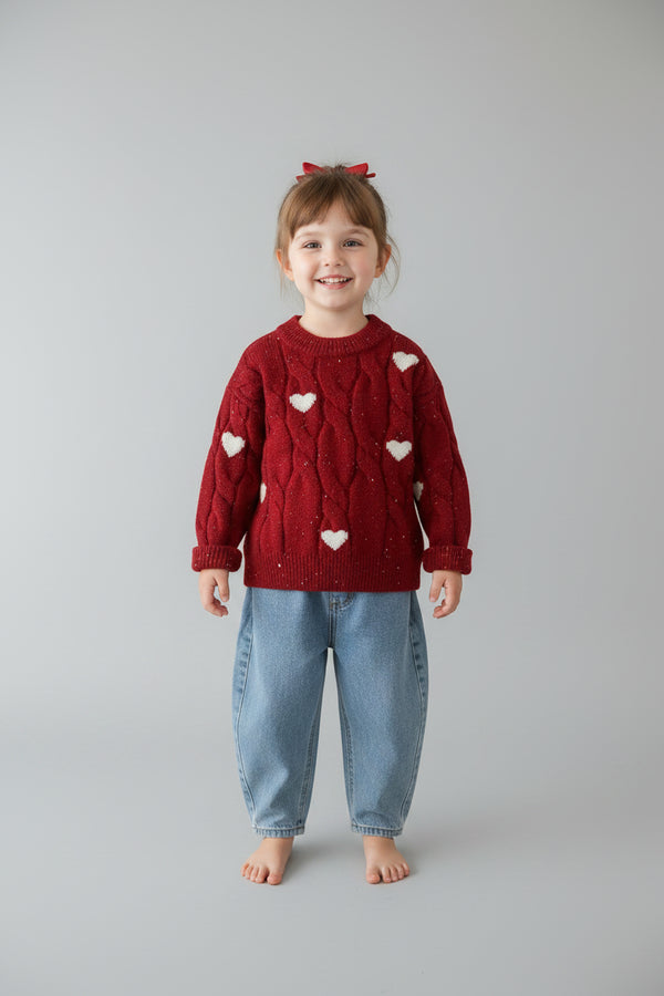 Red Hearts Knit Pullover on model