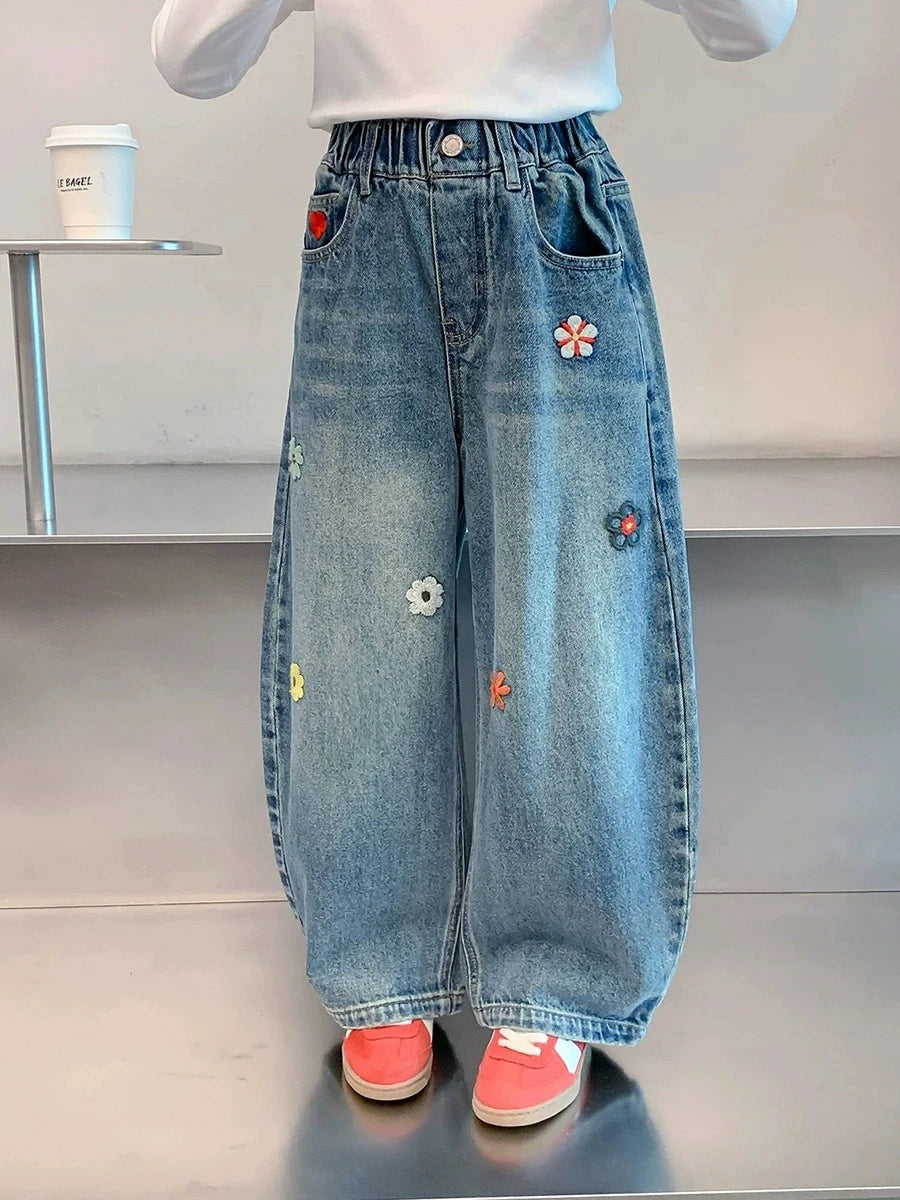 Floral Wide-Leg Denim Jeans — minimerri kids' bottoms