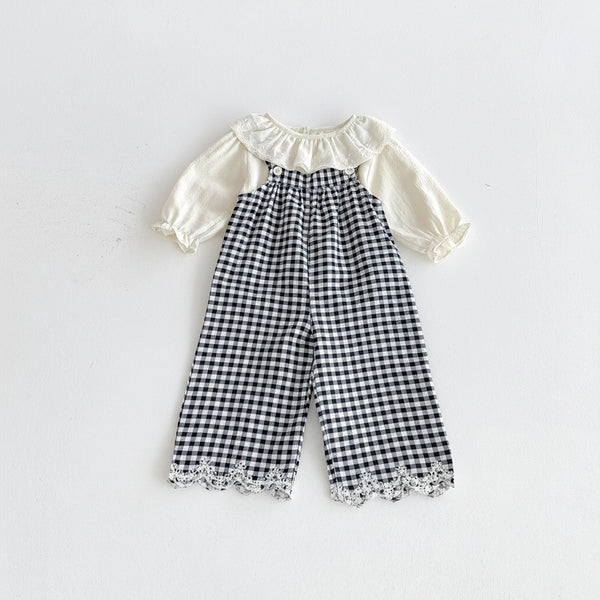 Lapel Top & Plaid Overalls Set