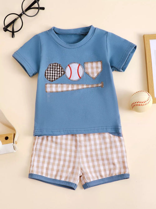 Baseball Round Neck Top and Plaid Shorts Set — minimerri kids' outfit set