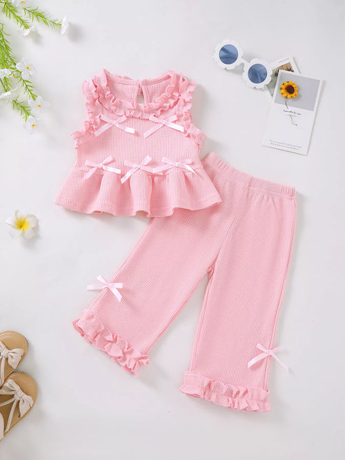 Bow Waffle Knit Top and Pants Set — minimerri kids' outfit set