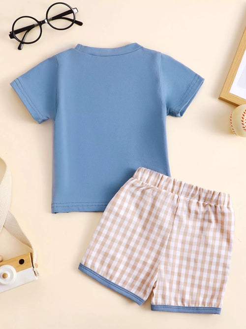 Baseball Round Neck Top and Plaid Shorts Set — minimerri kids' outfit set