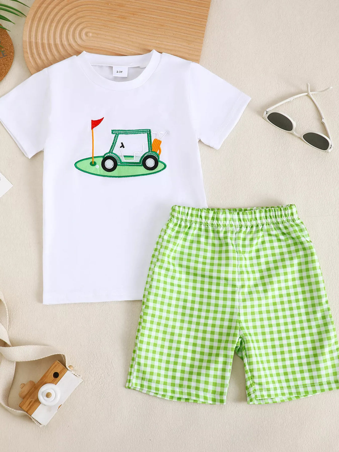 Golf Cart Print T-Shirt and Gingham Shorts Set — minimerri kids' outfit set