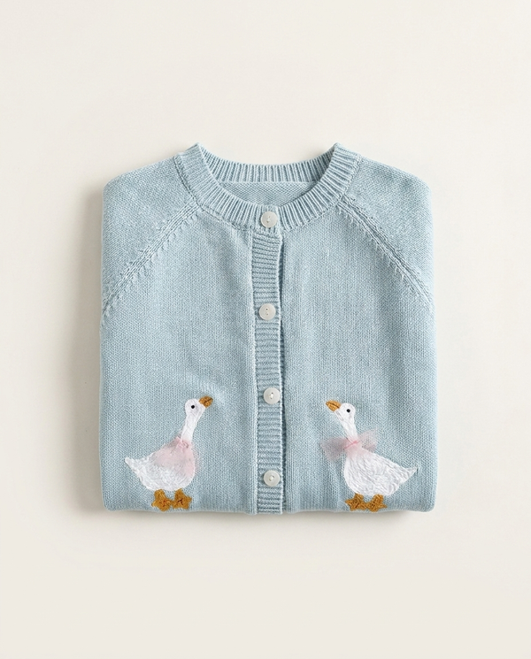 Geese Embroidery Cardigan in dusty blue folded flat lay