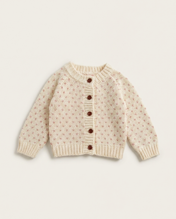 Pink Freckle Cardigan cream knit flat lay — minimerri