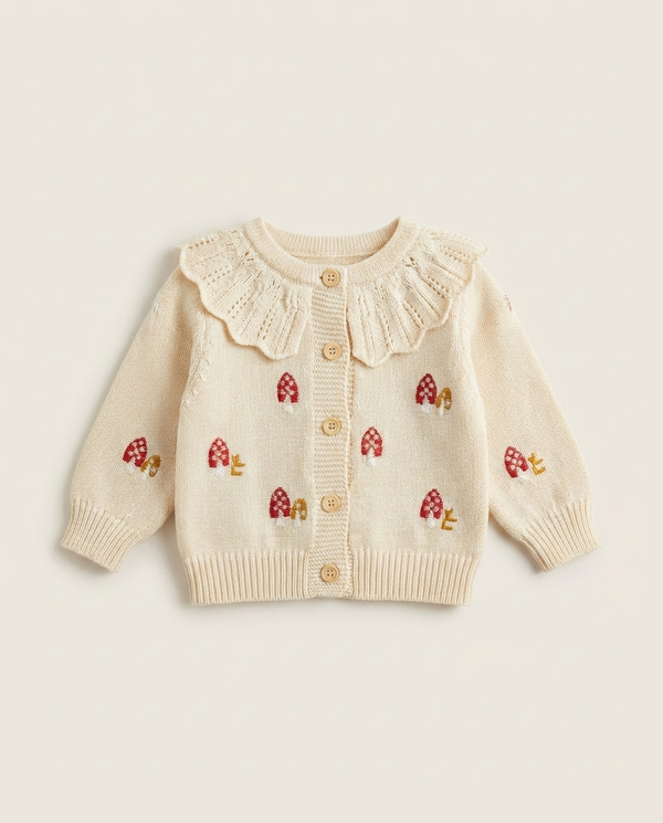 Frill Collar Mushroom Baby Cardigan cream flat lay warm