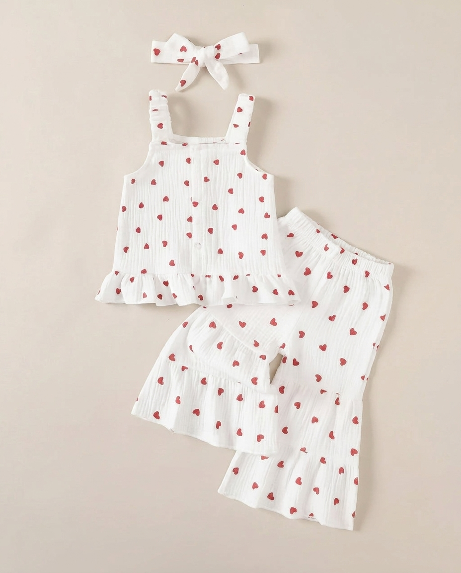 Heart Print Top and Flare Pants with Headband — minimerri kids' outfit set