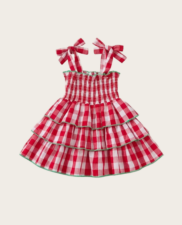 Gingham Tiered Dress with Bow Tie Straps — minimerri kids' dress